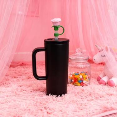 Imagem de Cobertura de palha rosa 3D de silicone, tampa decorativa para tampa de copo, acessório de bebida à prova de poeira para copos, utensílios de bebida (rosa, canudo aleatório)