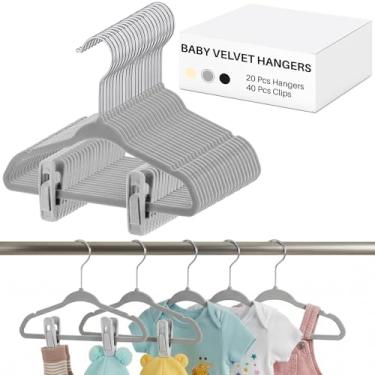 Imagem de Soaoo Cabides de veludo para bebês de 28 cm com clipes, 20 peças e 40 clipes, veludo antiderrapante para roupas infantis, roupas infantis que economizam espaço para organização de armário de berçário