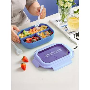 Imagem de Lancheira Bento, recipientes de almoço de 1450 ml com colher e garfo, suporte de refeição fácil de transportar com 3 compartimentos, livre de BPA, à prova de vazamento, perfeito para comer fora (azul)