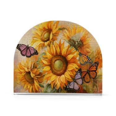 Imagem de Qilmy Porta-guardanapos de acrílico retrô girassóis e borboletas, porta-guardanapos para mesas cozinha restaurante decoração de casa, suporte decorativo moderno para guardanapos de coquetel de papel