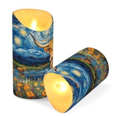 Imagem de Blueangle Pacote com 2 velas de vaca Highland Starry Night sem chama com controle remoto e temporizador, velas LED cintilantes (7,6 cm x 15 cm) para decoração de casa, casamento, acampamento (351)