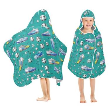 Imagem de Burbuja Chuteiras de futebol bolas em toalha de banho com capuz azul-petróleo para crianças, toalha de praia de pelúcia macia absorvente para meninas e meninos 3-10 anos, 61 x 127 cm