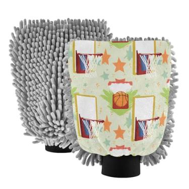 Imagem de STAYTOP Luvas de lavagem de carro de basquete com chama de desenho animado, 2 peças, luvas de microfibra de chenille, sem arranhões, panos de esponja de lavagem ultra absorventes para carros, limpeza