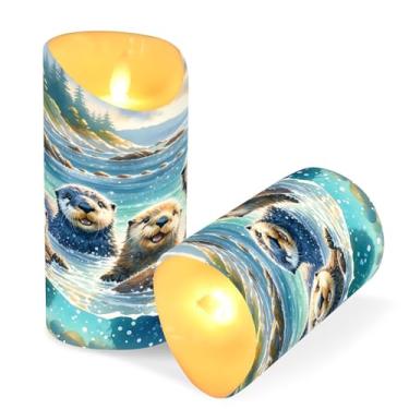 Imagem de Blueangle Pacote com 2 velas sem chama de lontras marinhas aquarela com controle remoto e temporizador, velas de pilar cintilantes de LED (7,6 cm x 15 cm) para decoração de casa, casamento