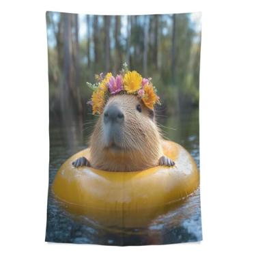 Imagem de STAYTOP Tapeçaria linda capivara usando um anel de natação tapeçarias de parede para decoração de casa decoração de dormitório sala de estar quarto tapete de parede (90 × 60 pol)