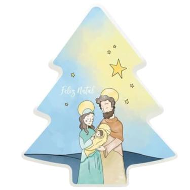 Imagem de Luminária Decorativa Árvore de Natal com Presépio, Iluminação LED, Design Artístico, Tema Natalino, Formato de Pinheiro, Acabamento Suave em Degradê Azul e Amarelo