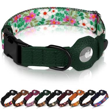 Imagem de Coleira para cães AirTag com fivela de metal - Coleira de couro macio de nylon impresso com suporte Apple AirTag - Coleiras de rastreamento seguro para animais de estimação para meninas e meninos