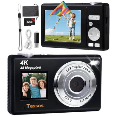 Imagem de Câmera digital, câmera para vlogs, câmera fotográfica 48MP 4K - Câmera digital compacta com tela dupla, cartão de 32 GB, zoom digital de 16x e estabilizador de imagem para e iniciantes. (preto)