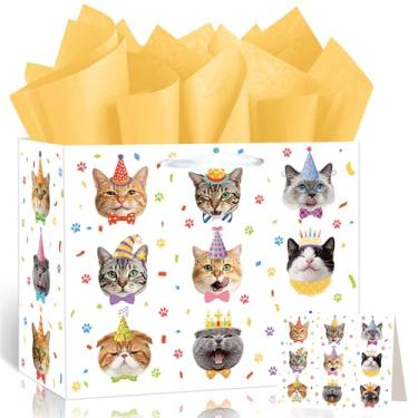 Imagem de Saco de presente de feliz aniversário para gatos, saco de papel de embrulho com tema de miau, cartão de felicitações para crianças, amantes de gatos, artigos de festa de aniversário, gatinho felino
