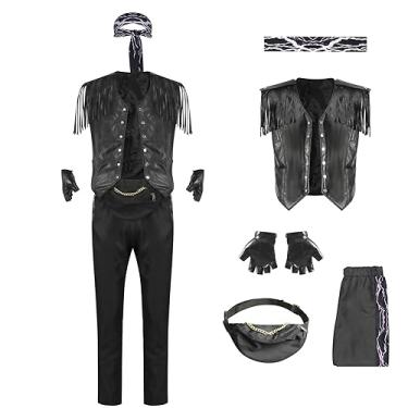 Imagem de Axvinel Colete masculino de couro com franjas, traje de caubói, Ryan, conjunto de luvas bandana com franja preta, Conjuntos completos, P