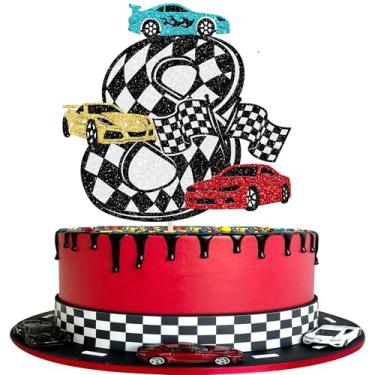 Imagem de Rsstarxi 1 Pack Race Car 8th Birthday Cake Topper Glitter Black Cars Birthday Decorations Hotwheels Cake Decorations for Boys Girls Eight Years Old Checkered Flag Cars Themed Party Decoration