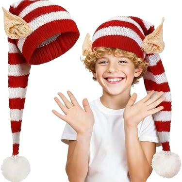 Imagem de GOLDCROW Chapéu de elfo de malha com orelhas, chapéu de elfo vermelho e de Natal, chapéus longos de Papai Noel, decorações para adultos, festa de Natal, celebrações de férias de inverno, reuniões de