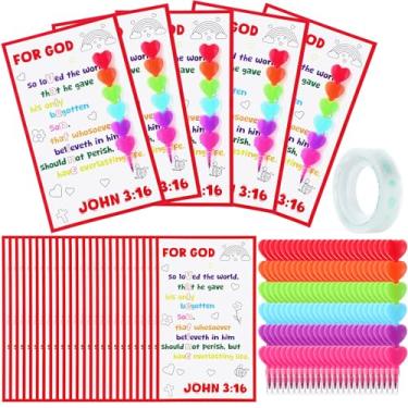 Imagem de Fuyoooo 24 Set Religious Valentine's Day Gift Bible Card with Stackers Crayons Love Heart Shape Crystal Clear Tape for Kid Classmates Sunday School Gift Valentine Classroom Exchange Party Favor Vbs