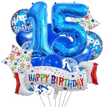 Imagem de Conjunto de decoração de aniversário de 15 anos, balão de coração azul de 15 anos, balão colorido de feliz aniversário de 15 anos para meninas, meninos, crianças, adultos, decoração de aniversário de