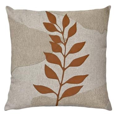 Imagem de Almofada Linho Com Bouclé E Couro Folhas Caramelo Cru 50x50