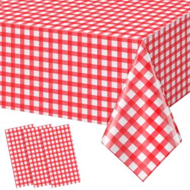 Imagem de YIDAKO 3 toalhas de mesa xadrez vermelhas, toalhas de mesa xadrez de búfalo, capas de mesa de plástico descartáveis para aniversário, chá de bebê, festa de casamento, decorações de aniversário, 137 x