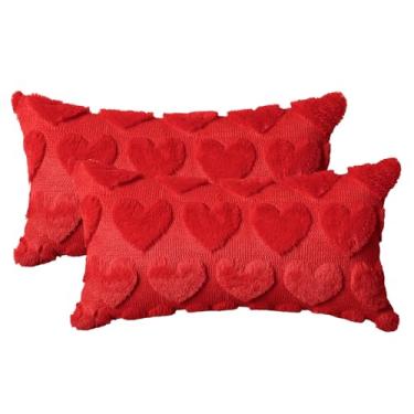 Imagem de AVOIN colorlife Conjunto de 2 capas de almofada vermelha coração amor dia dos namorados, 30,5 x 50,8 cm, decoração de casa de casamento, macio, felpa sintética, jacquard para sofá