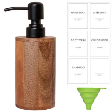 Imagem de MIGAKU HOME Dispensador de sabão de madeira de nogueira com bomba, funil e etiqueta, dispensador de sabão de mão recarregável para banheiro e cozinha, design cilíndrico, decoração rústica de bancada
