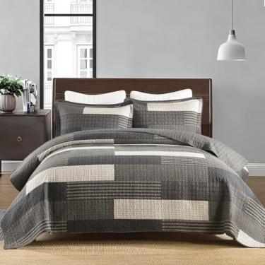 Imagem de PANGUSHAN Conjunto de colcha King Size – Conjunto de edredom King 100% algodão, colcha xadrez com 2 fronhas, roupa de cama leve, colcha de cama king para todas as estações, carvão/acinzentado/bege