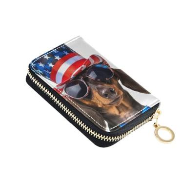 Imagem de Carteira com porta-cartões com bloqueio de RFID, carteira feminina pequena de couro para viagem com bolso para moedas, chapéu americano de cachorro dachshund