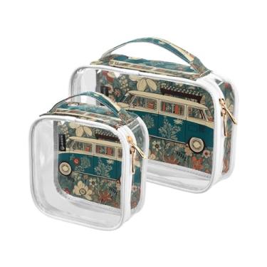 Imagem de GAIGEO Ônibus retrô com estampa de primavera, pacote com 2, bolsa transparente para viagem, bolsas transparentes de maquiagem para viagens, Ônibus retrô de margarida com estampa de primavera, one size
