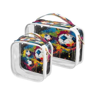 Imagem de GAIGEO Conjunto de sacolas de higiene pessoal transparentes de Natal com estrelas e árvores, bolsa transparente com zíper, bolsas de acessórios de viagem, pacote com 2, Bolas de futebol com respingos