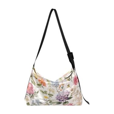Imagem de Bolsa tiracolo de couro vegano estilo tribal com marrom e preto, bolsas transversais de couro Hobo para mulheres, Aquarela com muitas lindas flores - 3, One Size