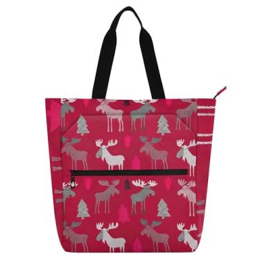 Imagem de GAIGEO Sacola feminina com estampa de alce de Natal com zíper de lona para trabalho, bolsa de praia feminina infantil com compartimentos