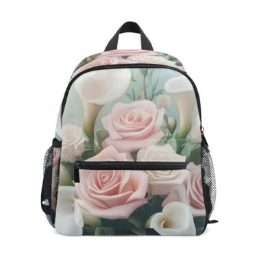 Imagem de Pastel Bouquet Pink Roses Flower Kids Backpack with Whistle, 2 Bottle Pockets, Lightweight, Kids Travel Backpack 10x4x12 In, for Ages 3-8