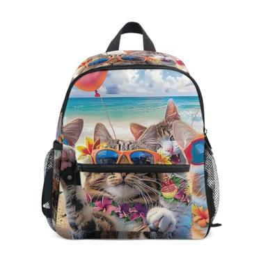 Imagem de GAIGEO Smiling Cats Beach Small School Backpack with Whistle, Adjustable Chest Strap, Small Girls Backpack Lightweight & Compact for Ages 3-8