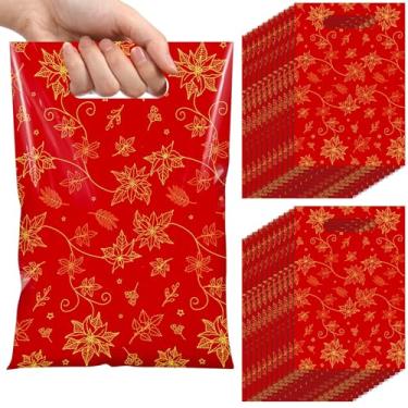 Imagem de Capoda 100 unidades de sacos de Natal para lembrancinhas de Natal, lembrancinhas de doces, presente de plástico, sacos com alça floral dourada para lembrancinhas de festa de Feliz Natal (vermelho)
