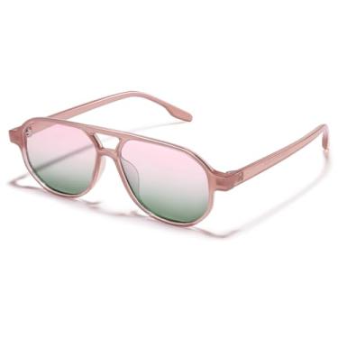 Imagem de VANLINKER Óculos de sol aviador retrô anos 70 para mulheres e homens, clássico, quadrado, vintage, moderno, hexagonal, 2025 UV400 VL9870, Armação rosa C6/Lente de classificação verde rosa, middle