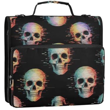 Imagem de Fichário organizador de zíper arte caveiras pretas 3 anéis fichários resistentes de desenho animado com alça bolsa escolar vários bolsos pasta grande portfólio, 34,5 x 31,5 x 9 cm