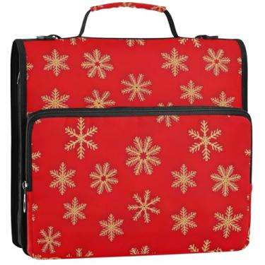 Imagem de Pastas de Natal douradas vermelhas 3 anéis de 3 anéis organizador de fichário com zíper resistente bolsa de fichário ensino médio com alça vários bolsos pasta grande para portfólio, 34,5 x 31,5 x 9 cm