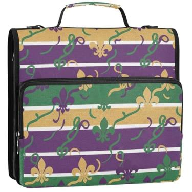 Imagem de Organizador de fichário de viagem com zíper para fichários de 3 cm 3 anéis, carnaval resistente, listras verdes roxas, portfólio e estojo, suporte para pasta de anel, bolsa escolar com alça de ombro