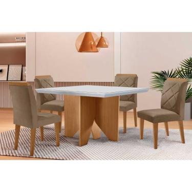 Imagem de Sala Jantar Mesa Nevada Tampo c/ Vidro Curvo 90cm+4 Cadeiras Pietá Madeira Naturale/Off White - Suede Capuccino - Rufato