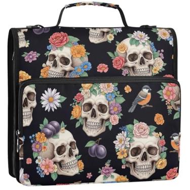 Imagem de Skulls Flores coloridas 3 argolas de 3 cm para fichários resistentes com zíper bolsa organizadora de fichários escolares com alça de ombro, vários bolsos, pasta grande para portfólio, 34,5 x 31,5 x 9