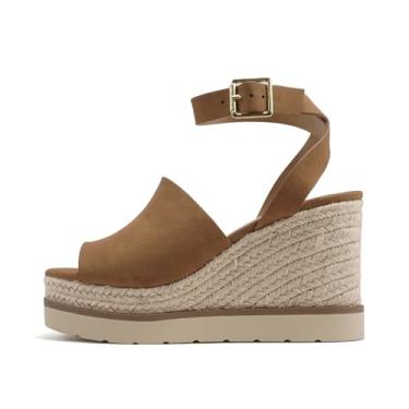 Imagem de Soda "Stella" ~ Sandálias femininas quadradas Peep Toe plataforma única plataforma alpargata com tira ajustável no tornozelo, Nobuck marrom escuro, 38