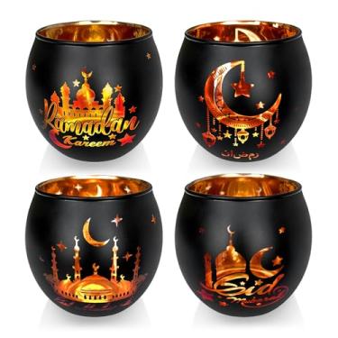 Imagem de Castiçais de vidro para luz de chá Eid Mubarak, mesa de suporte de vela votiva, decorações de mesa central para decoração de festa muçulmana (Ramadan)