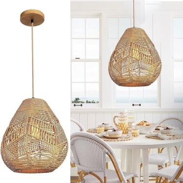 Imagem de Luminária pendente trançada vintage E27, lustre retrô industrial, luminária pendente tecida com altura ajustável para sala de jantar, escritório, sala de estar, mesa de jantar e sala de esta