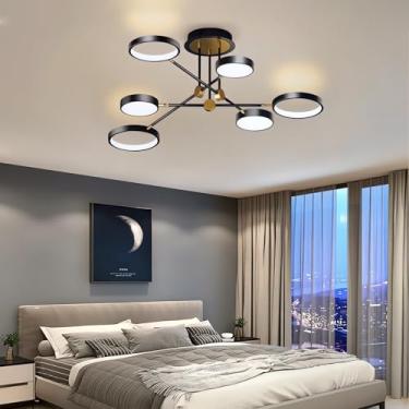 Imagem de Luminária de teto LED moderna Φ100cm, dimerizável, embutida, 72w, redonda, com controle remoto, em acrílico, para sala de estar, quarto, cozinha, corredor e escritório (preta, 6 lâmpadas)