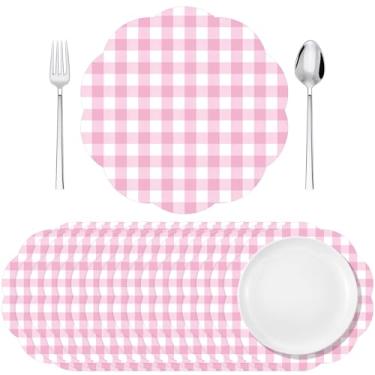 Imagem de Tinlade 80 peças de jogo americano de papel guingão rosa búfalo xadrez descartável recortado tapetes de mesa xadrez rosa e branco 33 centímetros para jantar em casa, piquenique, aniversário, festa de