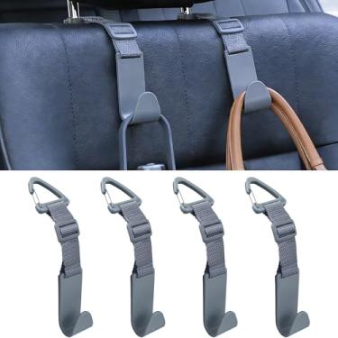 Imagem de Toiyason Pacote com 4 ganchos ajustáveis para encosto de cabeça para carro – Organizador universal de encosto com clipe resistente para bolsas, bolsas e mantimentos, cinza