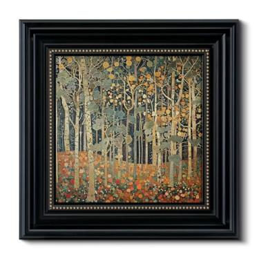 Imagem de Arte de parede vintage texturizada 3D com moldura de floresta de outono 40,6 x 40,6 cm, pintura decorativa de árvore botânica, superfície de arenito, moldura preta, ponto dourado, decoração de quarto