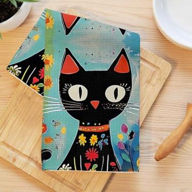 Imagem de Toalhas de cozinha de retrato de gato de desenho animado, gatos florais artísticos decorativos pano de prato de microfibra absorvente toalha de chá, toalhas de mão macias de waffle para decoração de