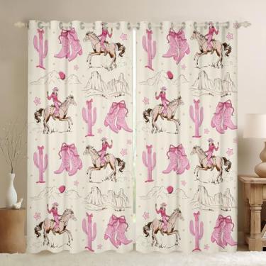 Imagem de Erosebridal Cortinas retrô de cavalo ocidental para meninas e crianças, botas de vaqueira rosa e cortinas e laços, decoração rústica de cacto caubói para quarto, decoração de janela com laço fofo, 2