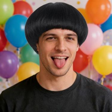 Imagem de Touca de cabelo + peruca de corte de tigela, perucas de cogumelo para homens, cabelo curto preto bob com franja, perucas engraçadas, peruca masculina, cosplay de Halloween, festa