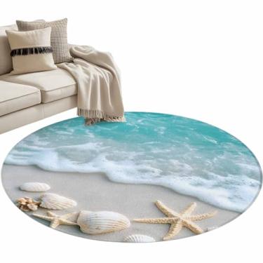 Imagem de Tapete redondo de 1,2 m azul-petróleo para praia, tapete de área interna, à prova de manchas, tapetes circulares para sala de estar, sala de jantar, cozinha, quarto, ondas do oceano, estrela-do-mar