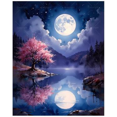 Imagem de Kit de pintura Night Lake por números para adultos - Pintura reflexiva de árvore rosa e lua cheia em tela 40,6 x 50 cm, conjunto de tinta acrílica, adequado para iniciantes, arte para decoração de