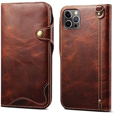 Imagem de ZEDEVB Bolsa de capa de telefone fólio retrô, carteira flip de couro genuíno à prova de choque [porta-cartão] para Apple iPhone 14 Pro Max (2022) 6,7 polegadas (cor: marrom)